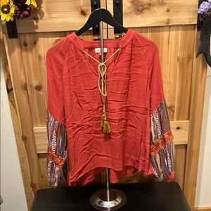 Promesa Rust Shirt with Colorful Patterned Sleeves